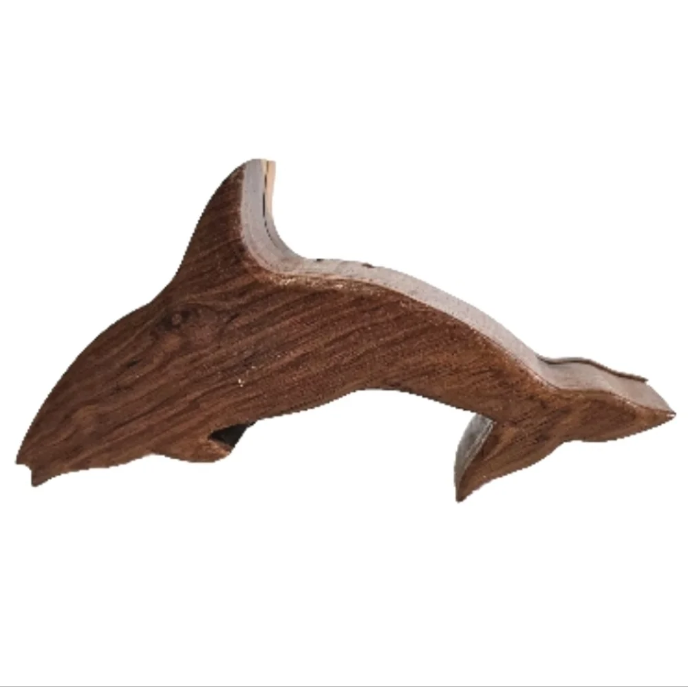 Wooden Dolphin Fish Intarsia Puzzle Secret Chamber Handcrafted Jewelry Brown Box